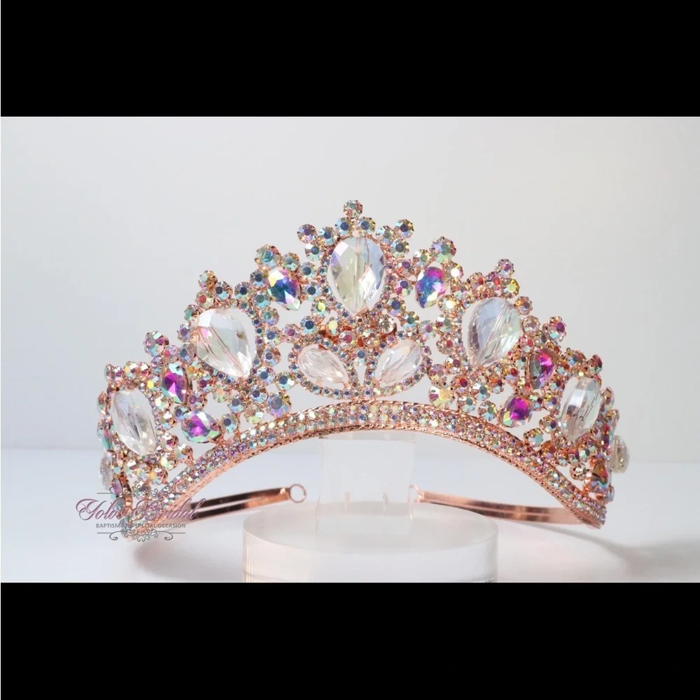 Rose Gold AB Stones Tiara Corona Crown Quinceanera Bridal Adjustable Pin In